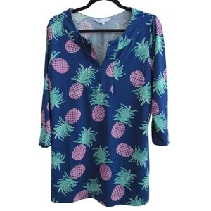 Escapada Living Dress Top Size L Pineapple Print Blue Pink Tropical 3/4 Sleeve